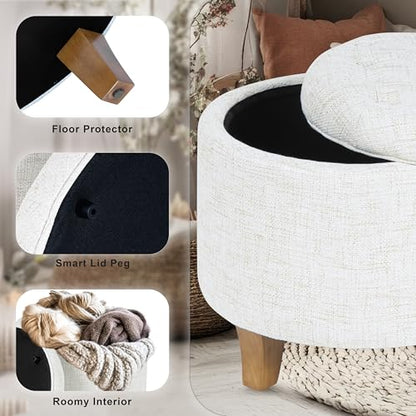 19" Button Tufted Round Storage Ottoman - Cream Textured Solid