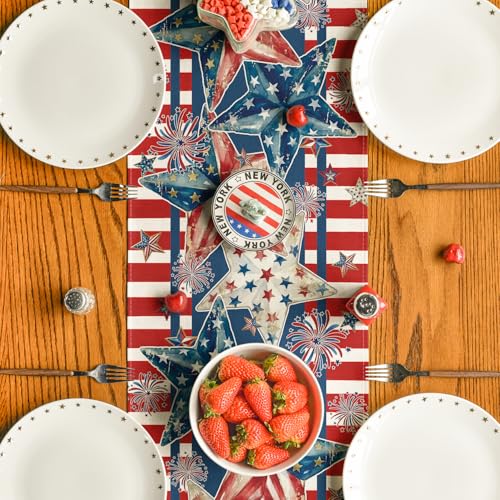 American Flag Stars 210 GSM 4th of July Table Runner, Patriotic Memorial Day Kitchen Dining Table Decoration for Home Party Decor 13x72 Inch