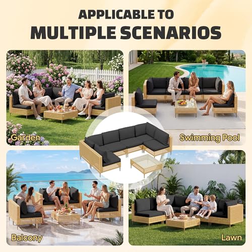 7-Piece Wicker Outdoor Patio Furniture Set, Outdoor Sectional Furniture, Patio Sofa Sectional Conversation Sets, Handmade Rattan, Water-Resistant Fluffy Cushions and Coffee Table, Black