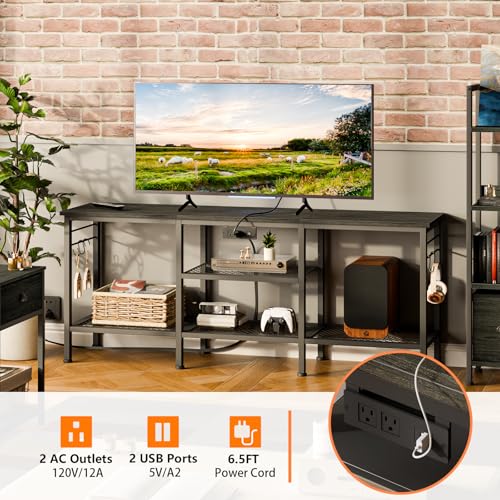 TV Stand with Power Outlets, Entertainment Center with Open Storage Shelves for TVs up to 55 Inch, Media Console Table with Soundbar Shelf for Living Room, Bedroom, Black Oak