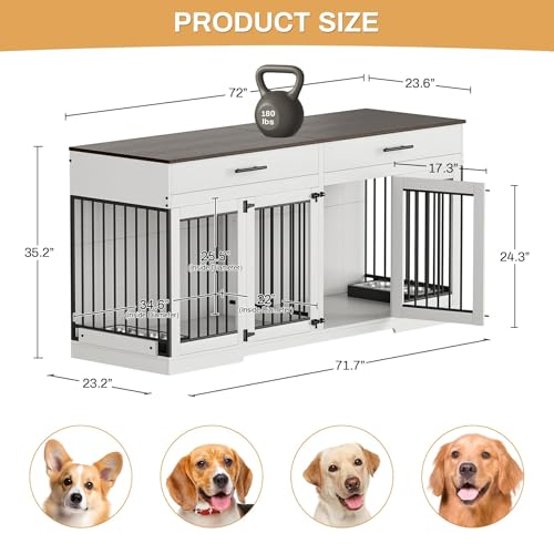 72" Double Dog Crate Furniture for Medium Large Dogs, White, view 3