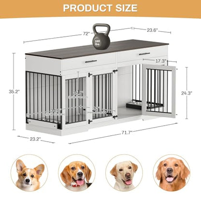 72" Double Dog Crate Furniture for Medium Large Dogs, White, view 3