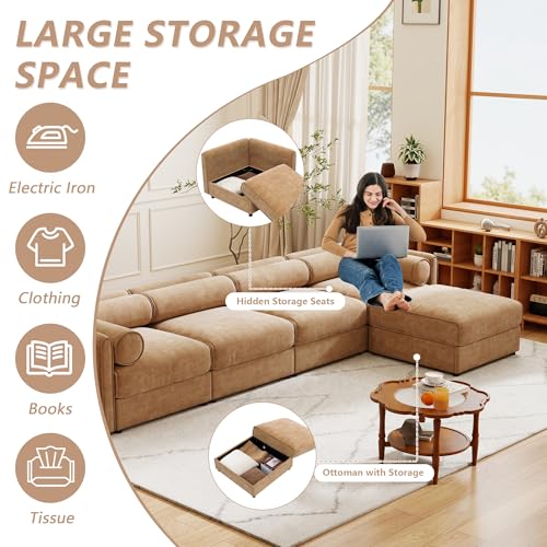 Oversized Modular Sectional Sofa, 142.5" Chenille U-Shaped Sofa with Cylindrical Backrest & Armrest, Modern Comfy 4-Seat Sofa with 2 Ottoman, Upholstered Deep Seat Couch for Living Room, Camel