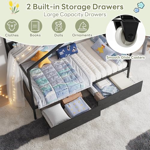 Twin House Bed Frame with 2 Drawers & Curved Headboard, Black, view 5