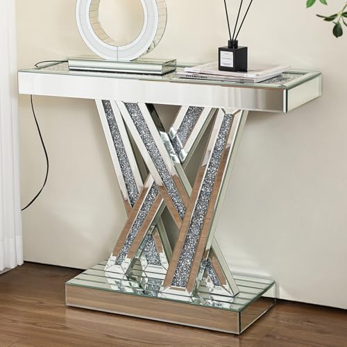 Silver Modern Console Table Mirrored, Glass Sofa Table Inlay with Crushed Crystals, 35-Inch Entryway Table with W-Shaped Base, Rectangular Accent Foyer Table for Living Room Hallway Entrance