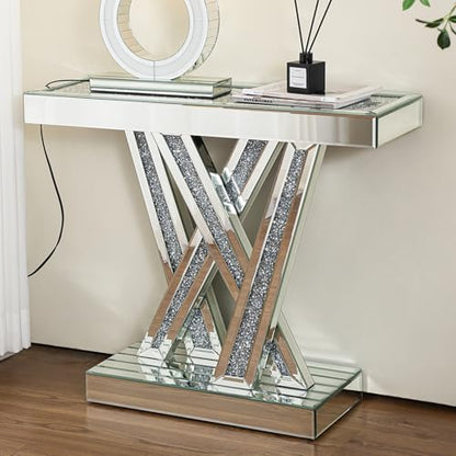 Silver Modern Console Table Mirrored, Glass Sofa Table Inlay with Crushed Crystals, 35-Inch Entryway Table with W-Shaped Base, Rectangular Accent Foyer Table for Living Room Hallway Entrance