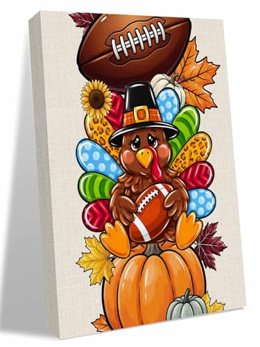 NuYeBiofx Thanksgiving Fall Pumpkin Turkey Canvas Wall Art Prints,48"x32" Framed Picture Artwork Autumn Maple Leaf Football Printed Canvas Oil Painting for Living Room Bedroom Office,Ready to Hang