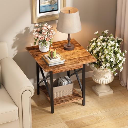 Square End Table 24 Inch with X-Frame 2-Tier Storage | Nightstand for Living Room & Bedroom, Rustic Decor, Sturdy, Waterproof Scratchproof Top, Easy Assembly, Walnut