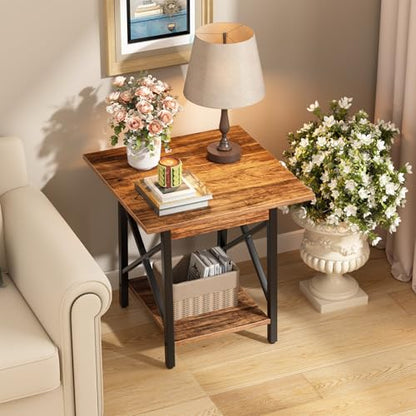 Square End Table 24 Inch with X-Frame 2-Tier Storage | Nightstand for Living Room & Bedroom, Rustic Decor, Sturdy, Waterproof Scratchproof Top, Easy Assembly, Walnut
