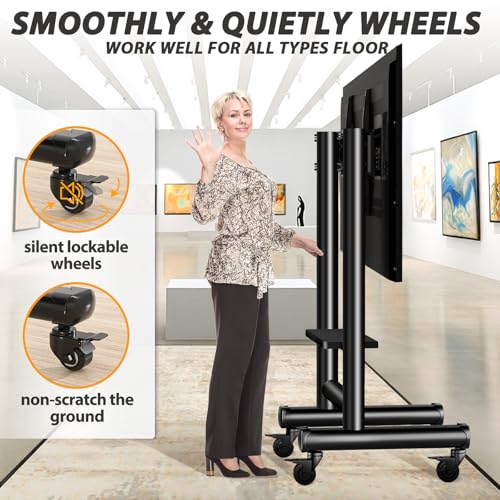 Heavy Duty Rolling TV Stand for 50-98 Inch TVs Holds up to 200 Lbs | Outdoor TV Stand with Height Adjustment and Large Shelf, Floor TV Stand with Wheels, Max VESA 800x600mm, Black