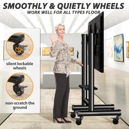 Heavy Duty Rolling TV Stand for 50-98 Inch TVs Holds up to 200 Lbs | Outdoor TV Stand with Height Adjustment and Large Shelf, Floor TV Stand with Wheels, Max VESA 800x600mm, Black