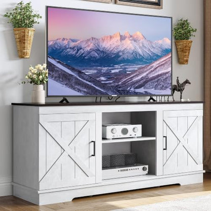Farmhouse TV Stand with Double Barn Doors, Living Room, Grey White, view 2