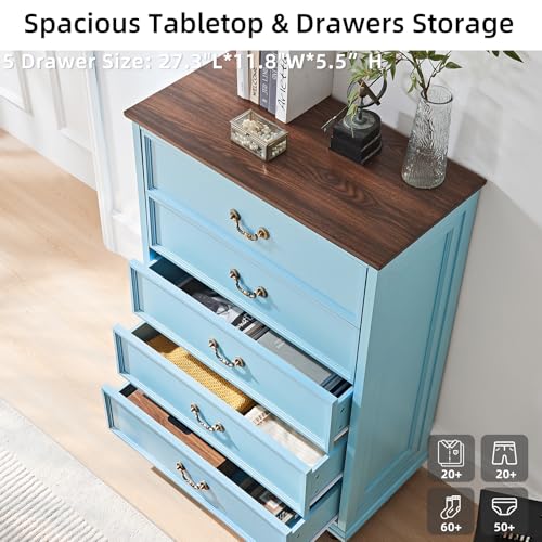 24" Wide Farmhouse Nightstand Set of 2, 54" 7 Drawers Dresser, 45" Tall Rustic Chests of 5 Drawers w/ 4 Solid Wood Feet, Farmhouse Furniture Series for Living Room,Bedroom,LightBlue