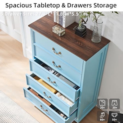24" Wide Farmhouse Nightstand Set of 2, 54" 7 Drawers Dresser, 45" Tall Rustic Chests of 5 Drawers w/ 4 Solid Wood Feet, Farmhouse Furniture Series for Living Room,Bedroom,LightBlue