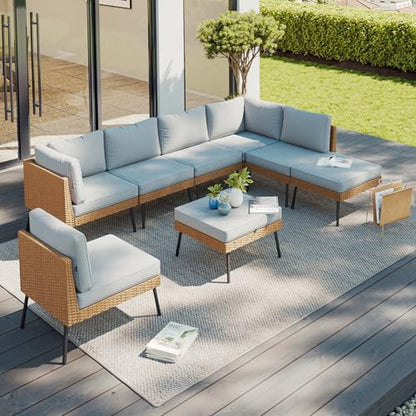 8 Piece Patio Furniture Set, 8 Seats Outdoor Sectional Sofas with Thick Cushion, Wicker Outdoor Patio Furniture Set with Ottomans for Party, Garden, Backyard, Grey