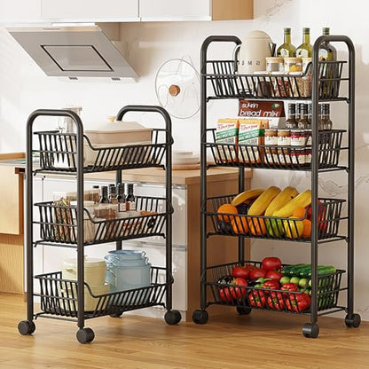 3 Tier Rolling Cart,Simple Trending 4 Tier Rolling Fruit Vegetable Basket Cart with 4 Detachable Wheels,Storage Rack for Kitchen,Bedroom for Bread Onion Potatoes(4 Floors)
