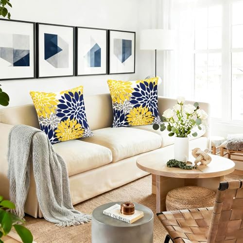 Decorative Throw Pillow Covers Set of 2 Blue Yellow Pillow Covers 18x18 Inch Couch Pillow Covers for Sofa Living Room Outdoor Throw Pillow Cover Linen Floral Flower Farmhouse Pillowcase