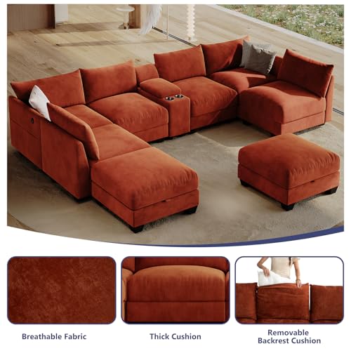 136.4" Modular Sectional Sofa, U-Shaped 8 Seater Sectional Sofa with Storage Ottoman, Linen L-Shaped Couch Large Cloud Couch with Cup Holders & USB for Living Room（Orange