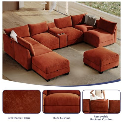 136.4" Modular Sectional Sofa, U-Shaped 8 Seater Sectional Sofa with Storage Ottoman, Linen L-Shaped Couch Large Cloud Couch with Cup Holders & USB for Living Room（Orange