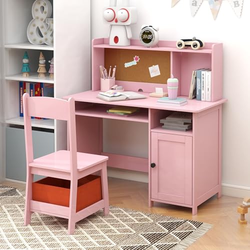 Pink Kids Desk and Chair Set, Kids Desk Chair with Storage and Shelf, Wooden Kids Table and Chairs for Bedroom and Study, Craft Table with Storage Gifts for Girls to Study
