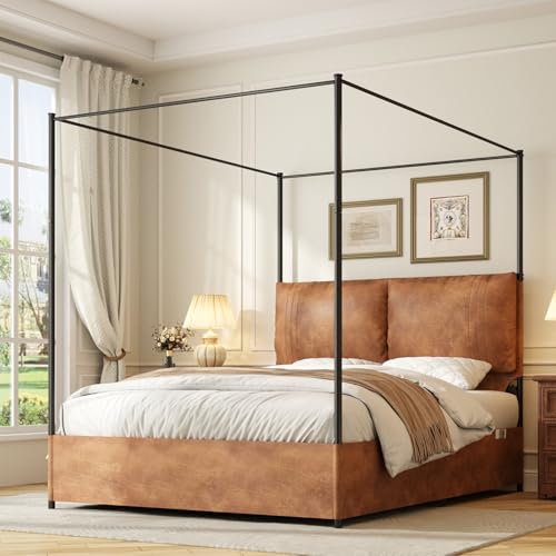Queen Canopy Bed Frame with Tall Upholstered Faux Leather Headboard, view 2