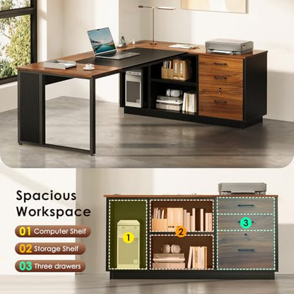 71 Inch L Shaped Executive Desk with Storage, Walnut+ Black, view 5