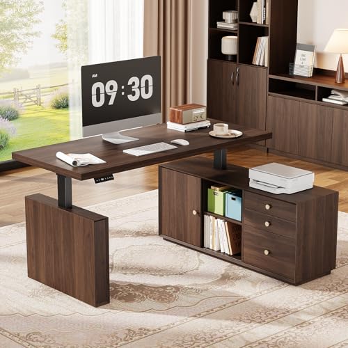 63" L Shaped Standing Desk w/File Cabinet, Sit Up Desk, Walnut, view 2