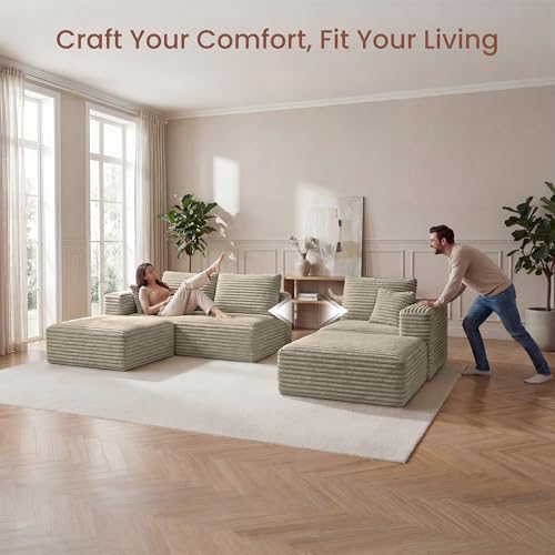 108" Boneless Couch for Living Room, Modular Sectional Sofa with Dual Ottomans, Fluffy Corduroy Floor Couch with Deep Seat, Modern U-Shaped Couch No Assembly Required | Oatmeal