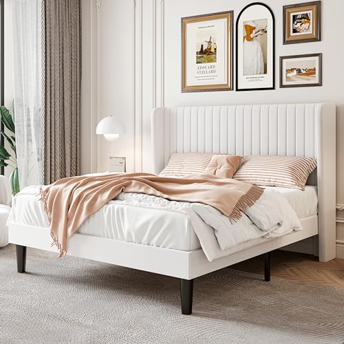 Queen Size Velvet Bed Frame, Tufted Wingback Headboard, White, view 2