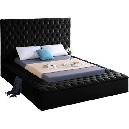 Meridian Furniture Bliss Collection Modern | Contemporary Velvet Upholstered Bed with Deep Button Tufting and Storage Compartments in Rails and Footboard, Black, King