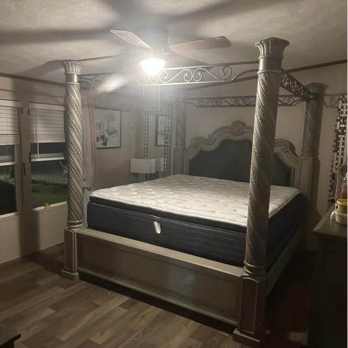 Vintage Four Poster Bed with Spiral-Carved Posts and Metal Scrollwork in Weathered Gray, view 6