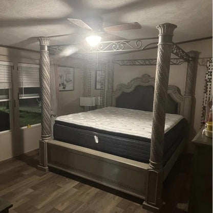 Vintage Four Poster Bed with Spiral-Carved Posts and Metal Scrollwork in Weathered Gray, view 6
