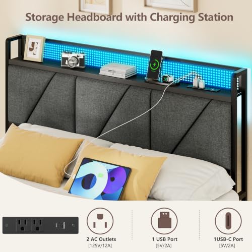 Queen Bed Frame with 2 Storage Drawers & Upholstered Headboard, view 6
