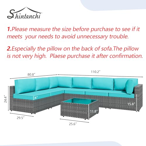 7 Pieces Outdoor Patio Furniture Sets, Patio Sectional Sofa Couch, Silver Gray PE Wicker Furniture Modular Patio Conversation Sets Patio Sofa with Washable Cushions & Coffee Table (Blue)
