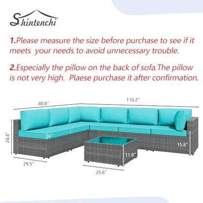7 Pieces Outdoor Patio Furniture Sets, Patio Sectional Sofa Couch, Silver Gray PE Wicker Furniture Modular Patio Conversation Sets Patio Sofa with Washable Cushions & Coffee Table (Blue)