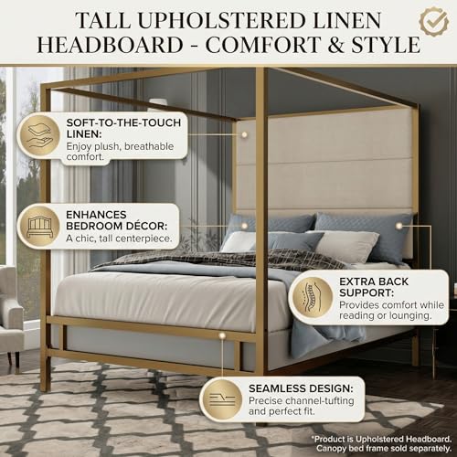 JIJIWANG Queen Size Canopy Bed Frame with Linen Headboard & 4-Poster, Gold, view 6