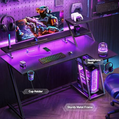 40 Inch Gaming Desk with LED & Power Outlet, Carbon Fiber Black, view 7