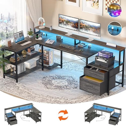 L Shaped Desk with Power Outlet, Reversible L Shaped Computer Desk with File Drawer & Monitor Stand, Gaming Desks with LED Strip, Home Office Desks with Storage Shelf, Grey Oak