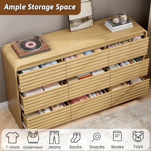 Dresser and Nightstand Sets for Bedroom, 3 Pcs Bedroom Set, Fluted 9 Drawer Dresser with Curved Profile and Night Stand Set of 2 with Charging Station, Wood Chest of Drawers, Natural Oak