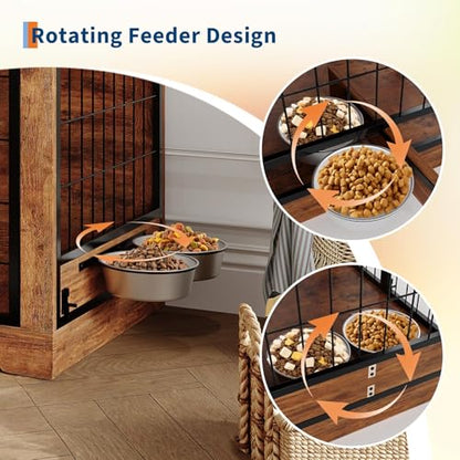 Dog Crate Furniture with 360° Rotatable Bowls, view 4