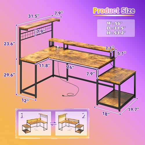56" L Shaped Desk with Power Outlets & LED Lights for Bedroom,Brown, view 3