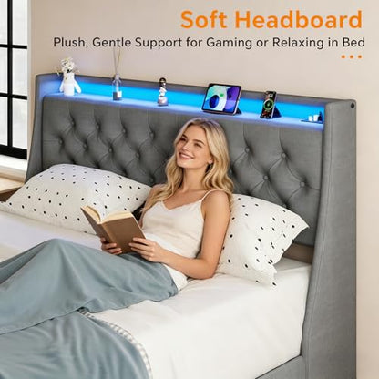 Queen Bed Frame with 2 Storage Drawer, Queen Size Bed Frame, Grey, view 6