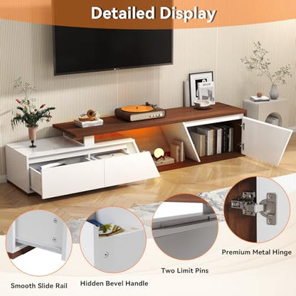 Extendable TV Stand, LED Entertainment Center, 63" - 90.6" | Wooden TV Media Console, Modern, 2 Drawers, Cabinet, Up to 90 Inch TV, Easy to Assemble, Living Room Bedroom, White & Walnut
