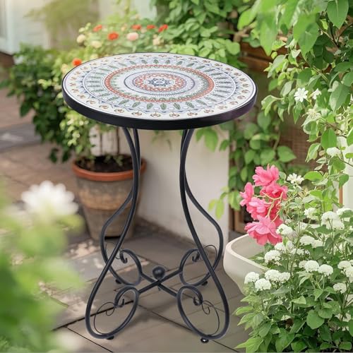 Mosaic Outdoor Side Table, Round Rustproof Patio Tables with 14" Ceramic Tile Top, Indoor Porch Accent Table for Yard, Garden, Living Room, Bistro Balcony, Green