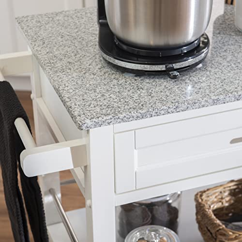 Kyler White Granite Topped Kitchen Cart with Lockable Casters and Hidden Storage Spaces
