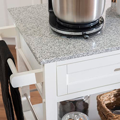 Kyler White Granite Topped Kitchen Cart with Lockable Casters and Hidden Storage Spaces