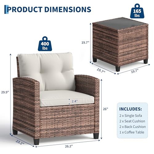 Outdoor Wicker Chairs,3 Pieces Patio Furniture Set,All Weather High Back Rattan Chairs w/Washable Cushion and Tempered Glass Tabletop for Deck Porch Balcony Backyard Garden,Brown & Beige