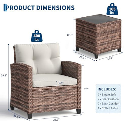 Outdoor Wicker Chairs,3 Pieces Patio Furniture Set,All Weather High Back Rattan Chairs w/Washable Cushion and Tempered Glass Tabletop for Deck Porch Balcony Backyard Garden,Brown & Beige