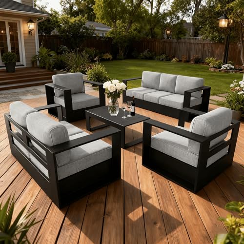 Oversized Aluminum Outdoor Furniture Set, 5 Piece Patio Sofa Sets with Coffee Table, Deep Seating and Upgraded 6-inch Cushions for Porch, Balcony, Deck