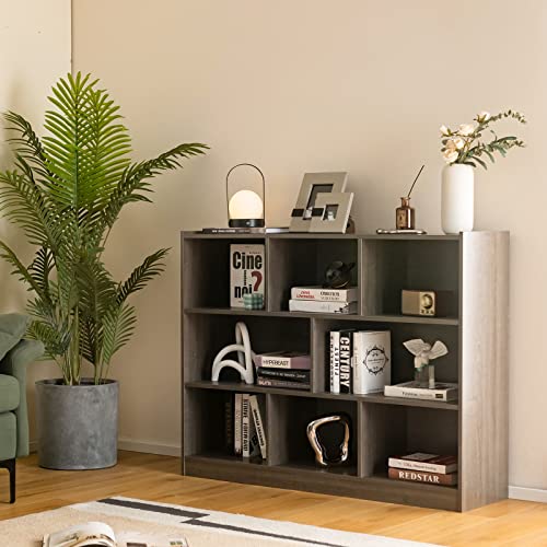8 Cube Bookcase, Freestanding 3-Tier Open Bookshelf, Grey | Modern Storage Display Cabinet, Wood Cube Storage Organizer for Living Room, Home Office, Kid’s Room